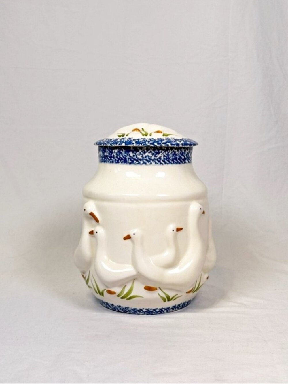 Vintage Farmhouse Country Blue Gaggle of Geese Goose Ceramic Cookie Jar